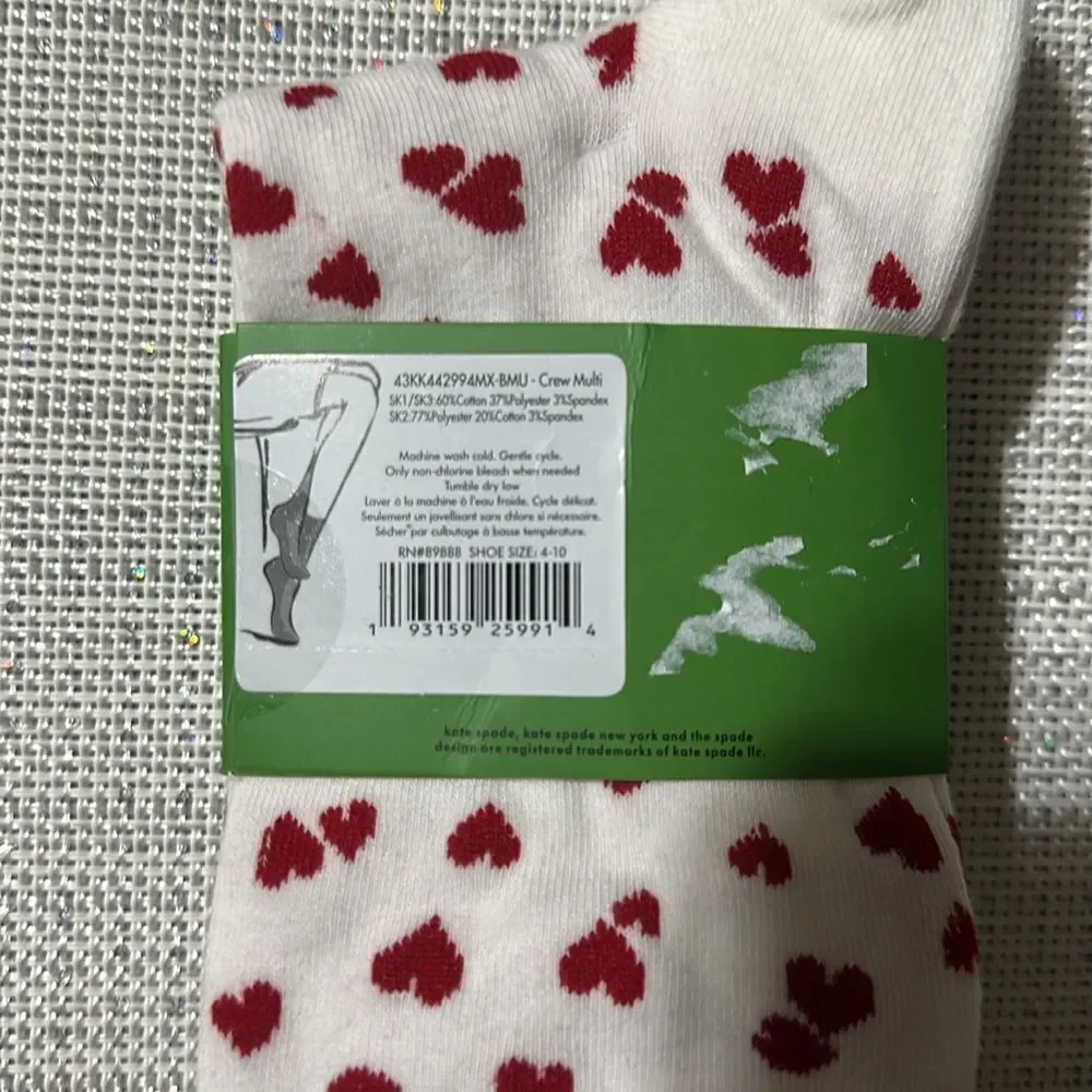 kate spade 3pk White Black Stripes Red Hearts True Love Crew Dress Socks